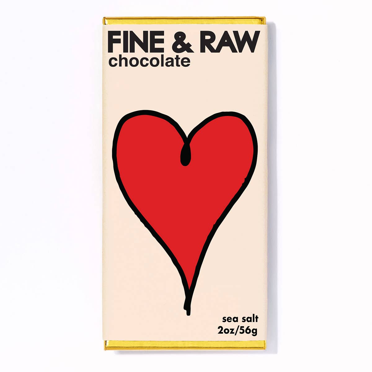 A Valentine's sea salt dark chocolate bar with a minimalist design, featuring a red heart shape on the front, labeled 'Fine & Raw Chocolate'.