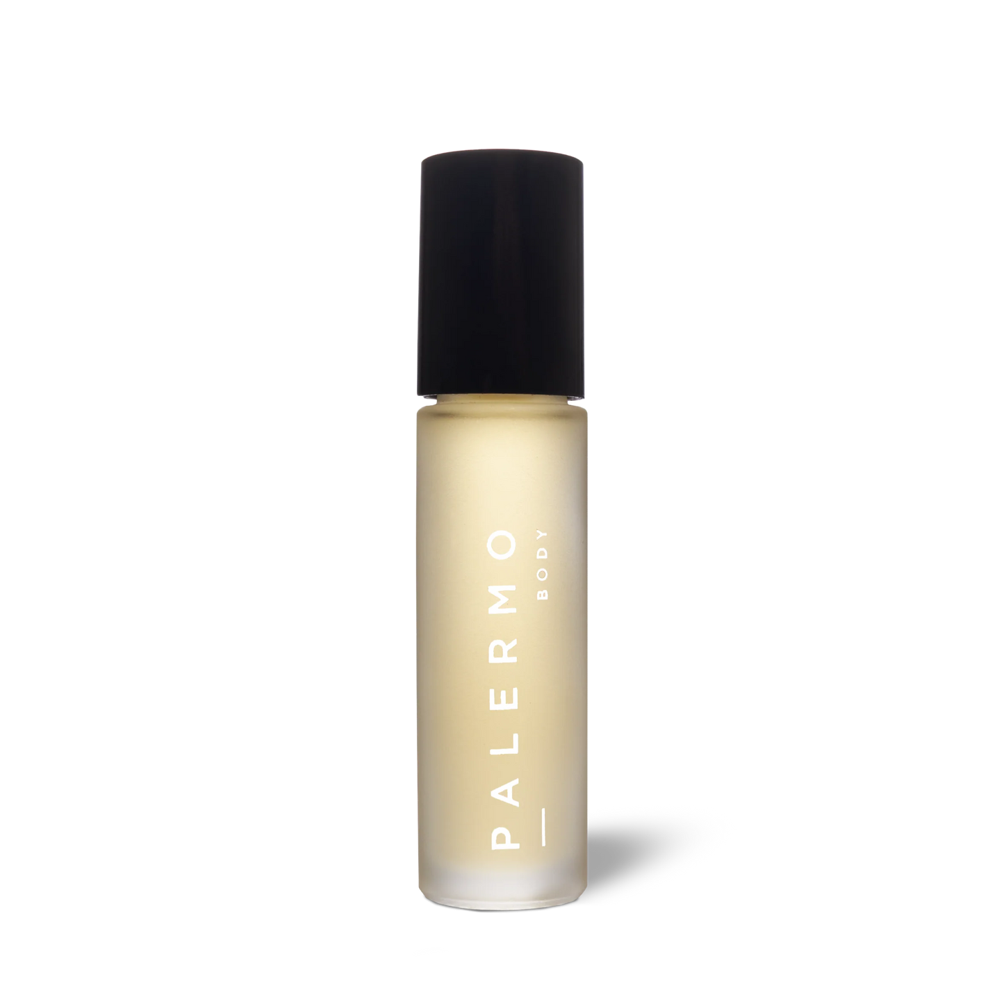 Skincare bottle of aromatherapy roll-on for confidence and creativity with black cap and 'Palermo' branding on a white background