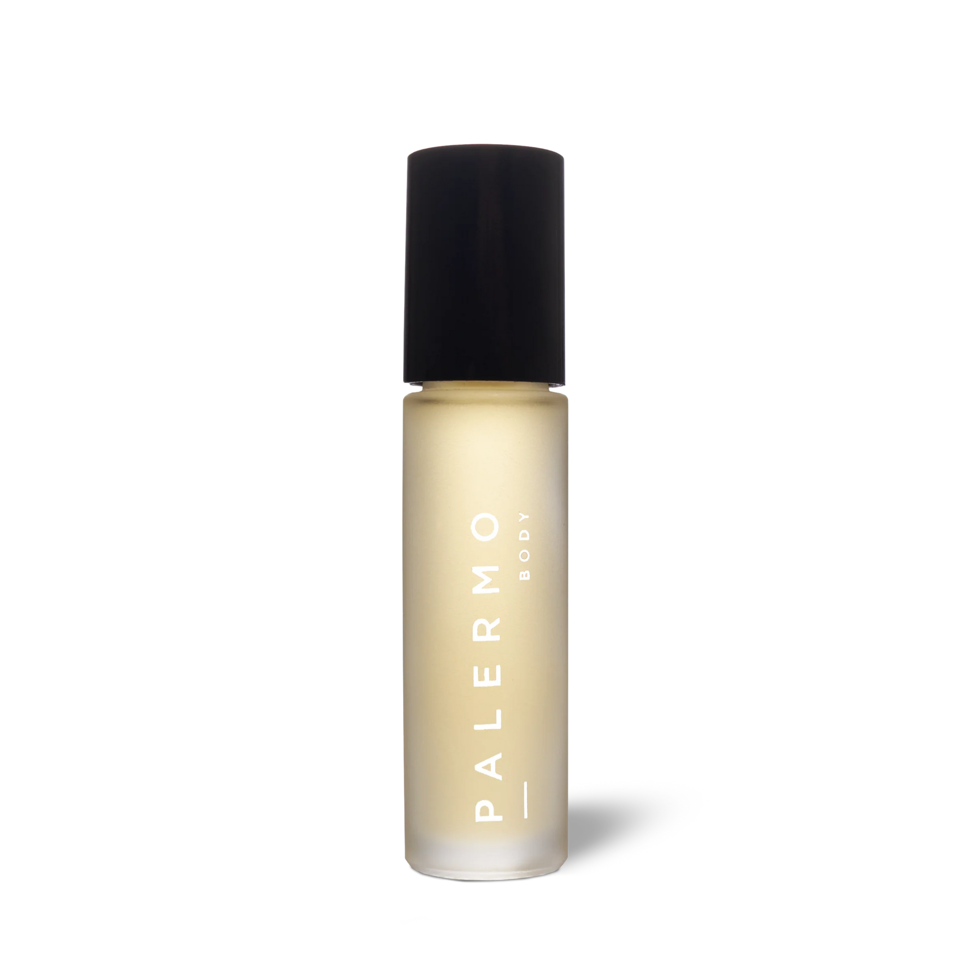 Skincare bottle of aromatherapy roll-on for confidence and creativity with black cap and 'Palermo' branding on a white background