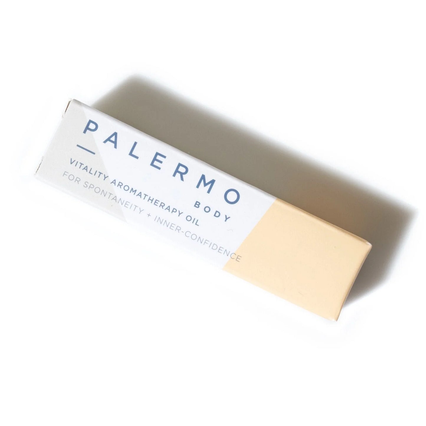Palermo Body vitality aromatherapy oil packaging, that reads "for spontaneity and inner confidence" on a white background