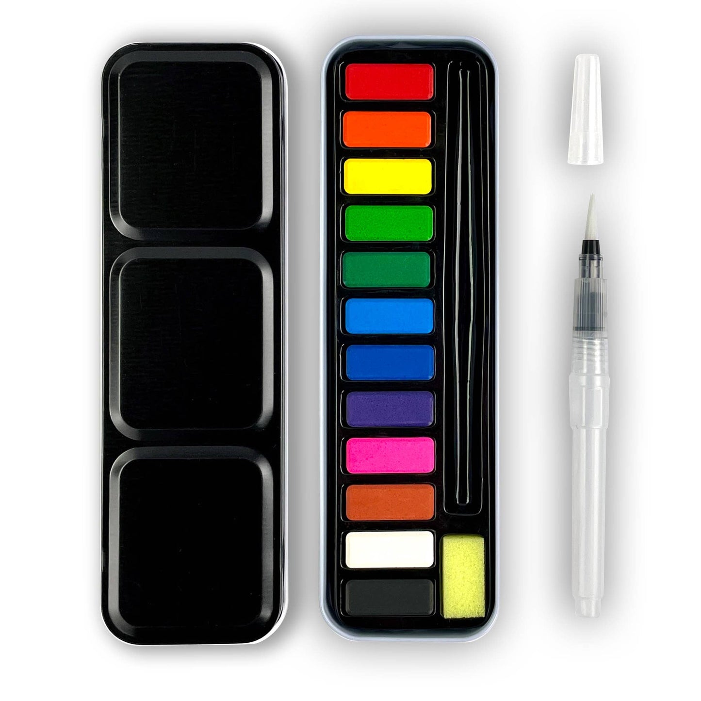 Watercolor paint set with black case, colorful paint swatches, and a small brush on a white background.