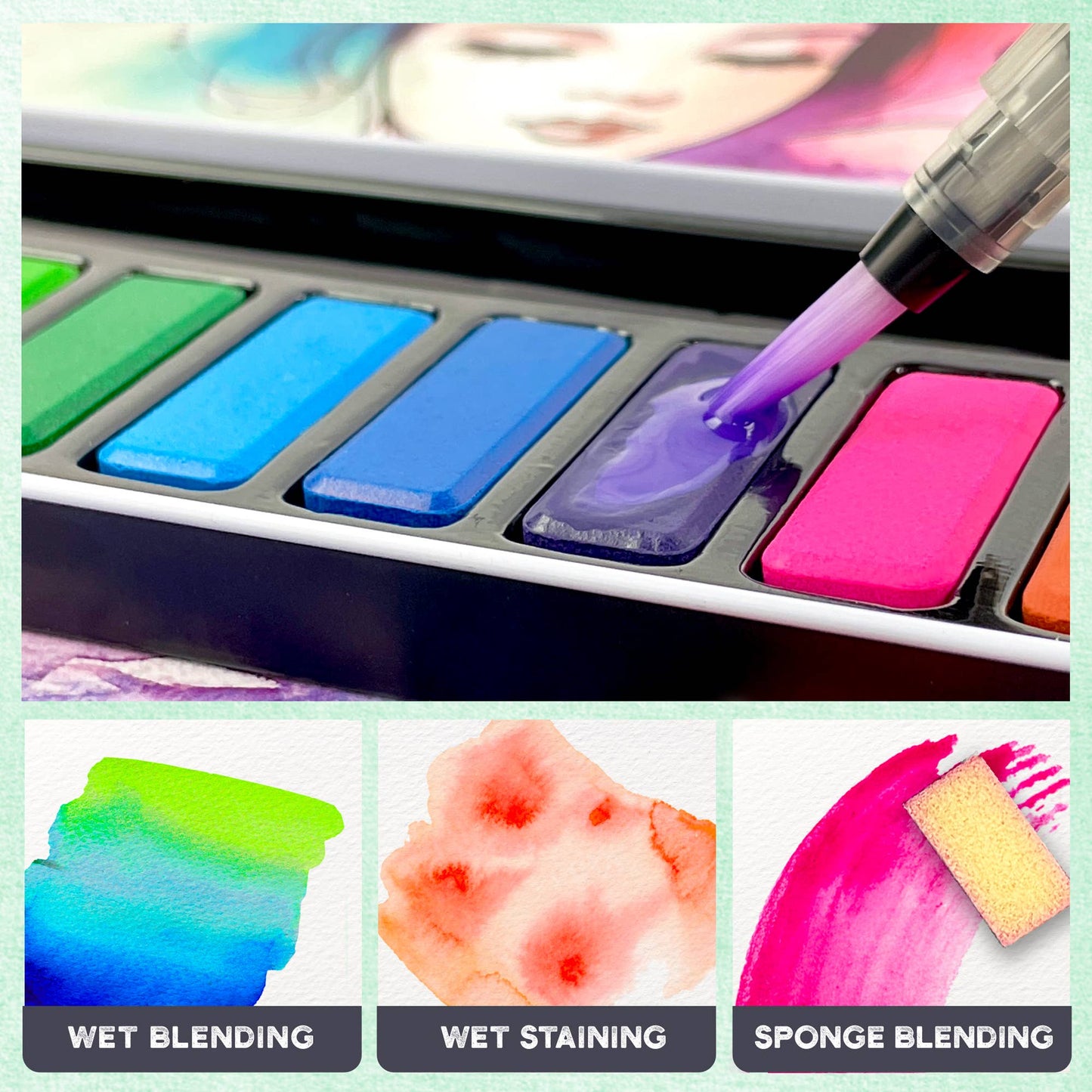 Colorful watercolor palette with a brush applying purple paint, surrounded by examples of wet blending, wet staining, and sponge blending.