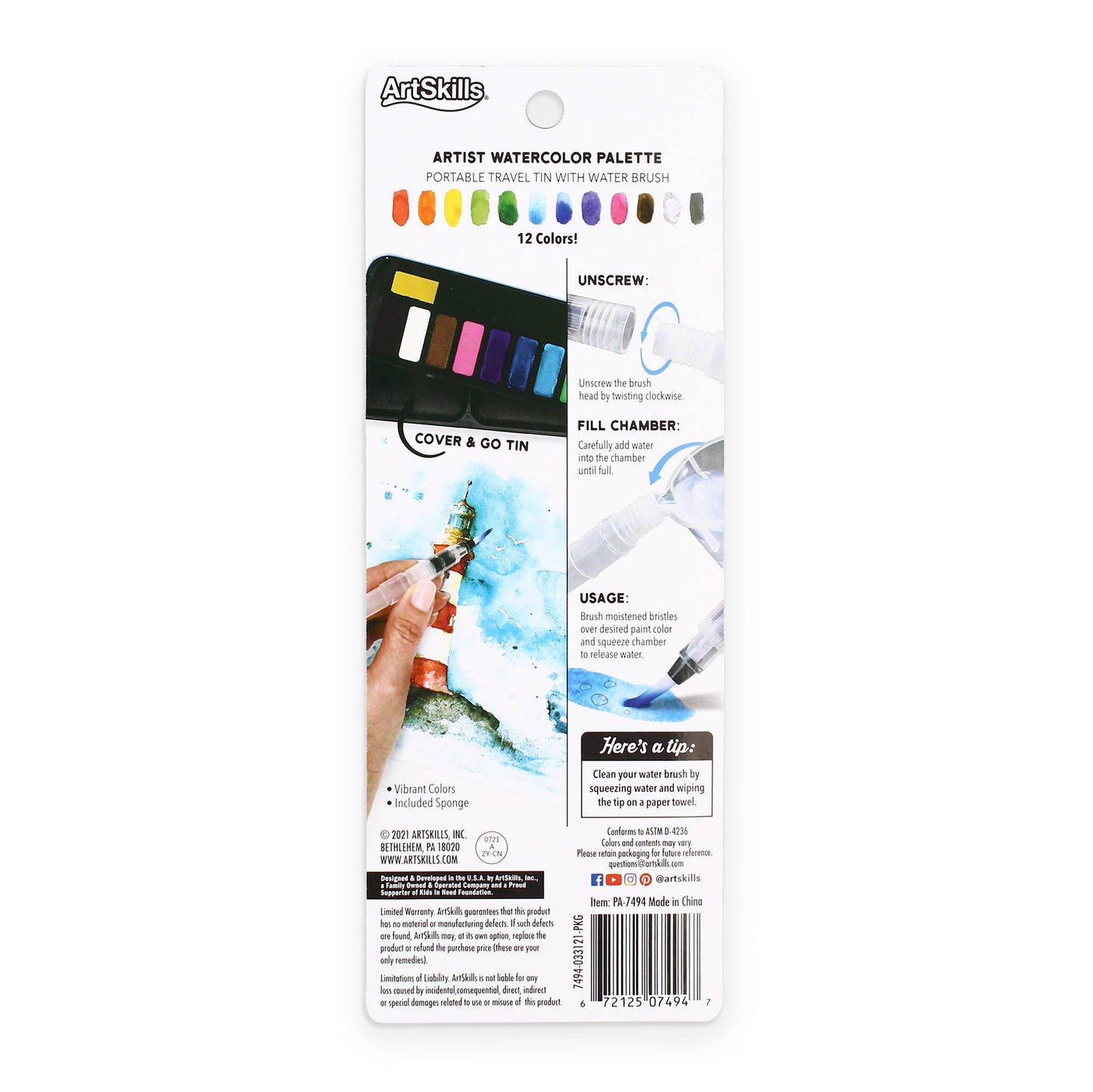 ArtSkills artist watercolor palette packaging with color swatches and usage instructions.