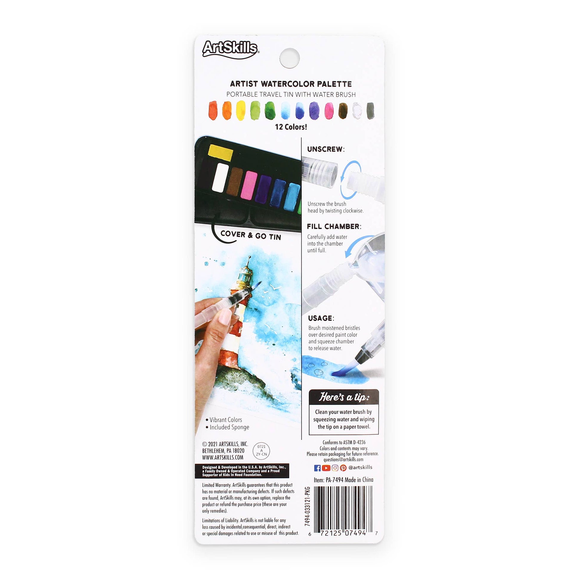 ArtSkills artist watercolor palette packaging with color swatches and usage instructions.