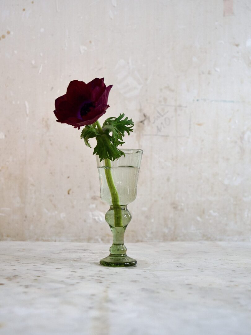 Single dark purple flower in an elegant handmade green glass vase on a marble surface with a textured beige wall background