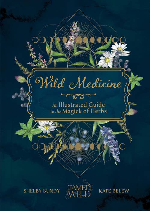 Cover of the book 'Wild Medicine: An Illustrated Guide to Magickal Herbs' featuring a hand-painted watercolor illustration of various magickal herbs with a dark background.