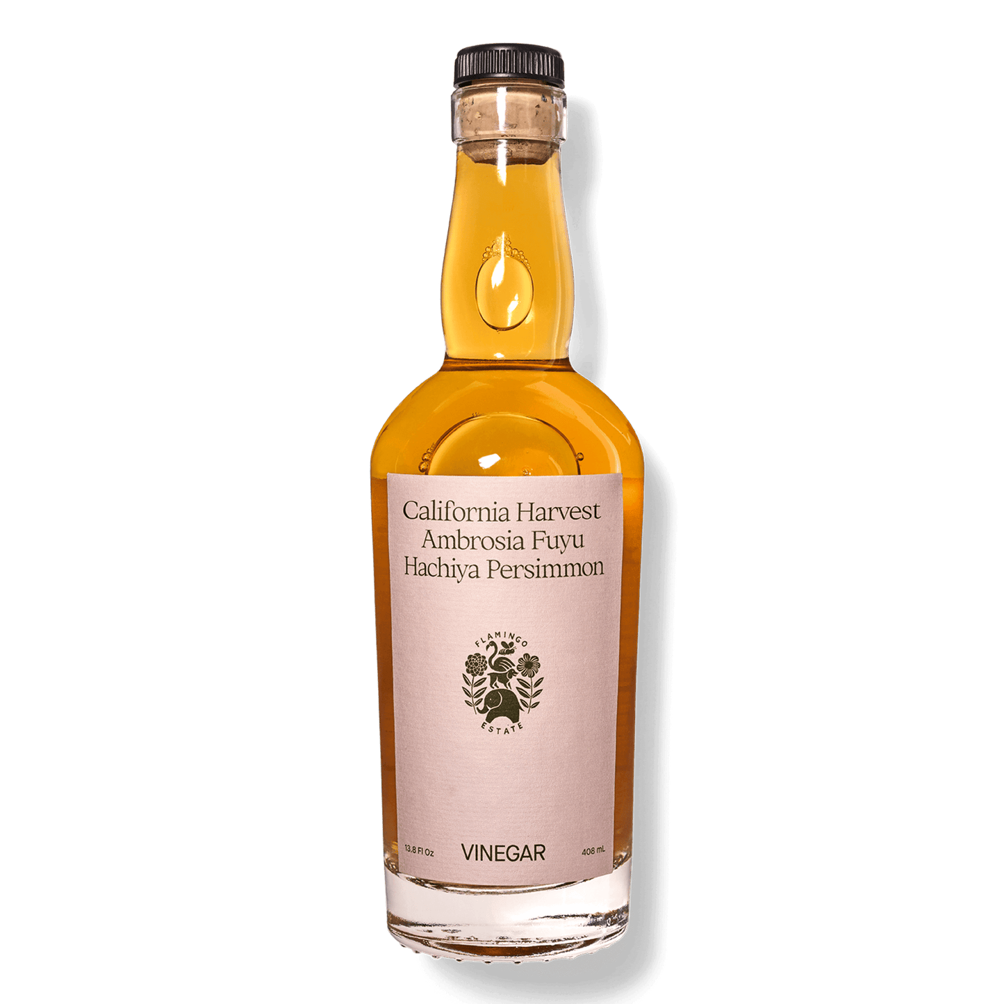 Bottle of California Harvest Ambrosia Fuyu Hachiya Persimmon vinegar from Flamingo Estate on a white background