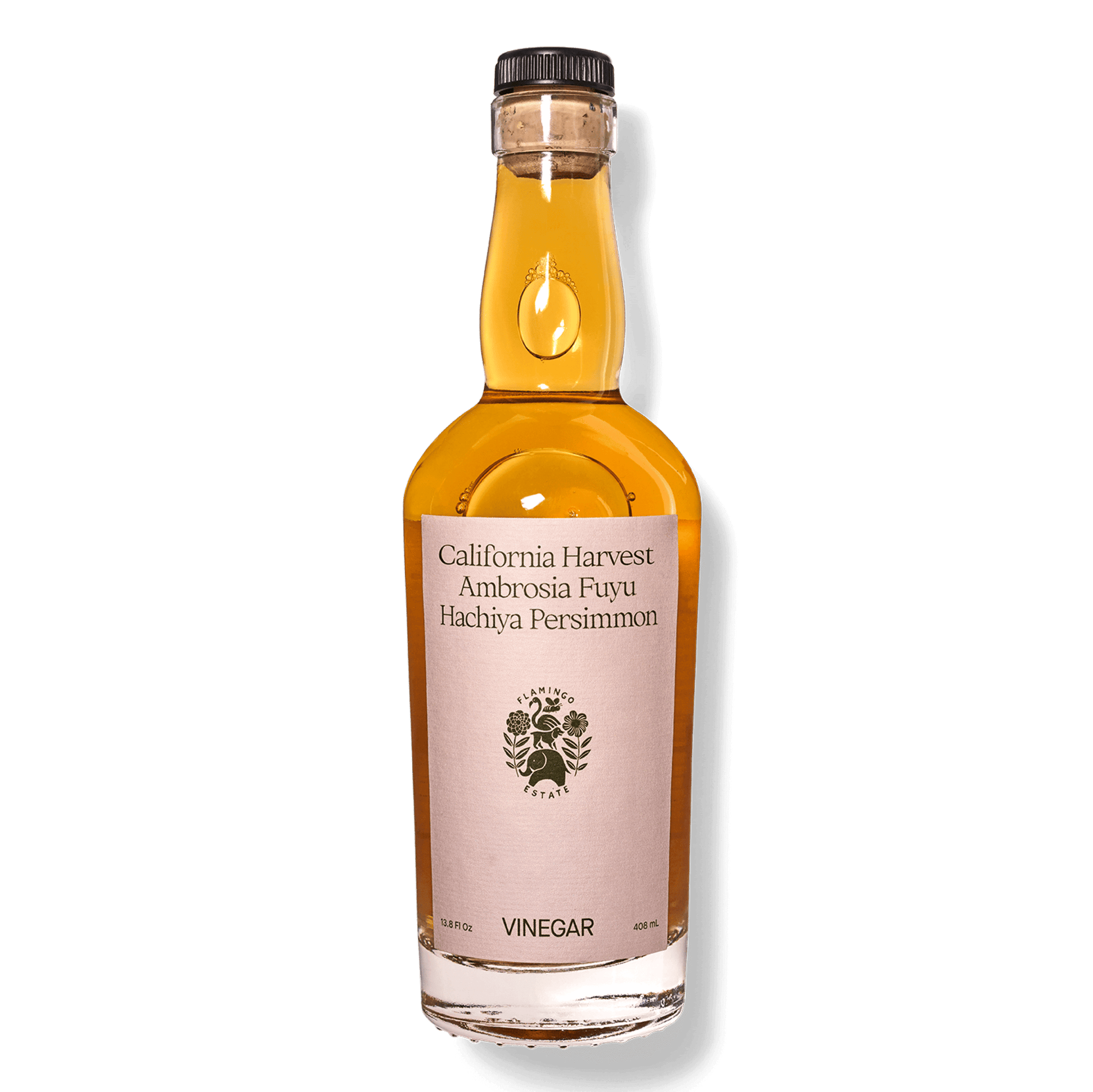 Bottle of California Harvest Ambrosia Fuyu Hachiya Persimmon vinegar from Flamingo Estate on a white background