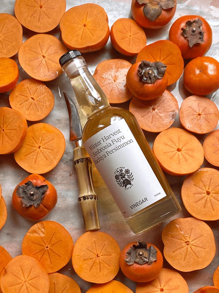 Bottle of winter harvest persimmon vinegar, a sweet and tart Gourmet Fruit Vinegar, surrounded by sliced persimmons on a marble surface
