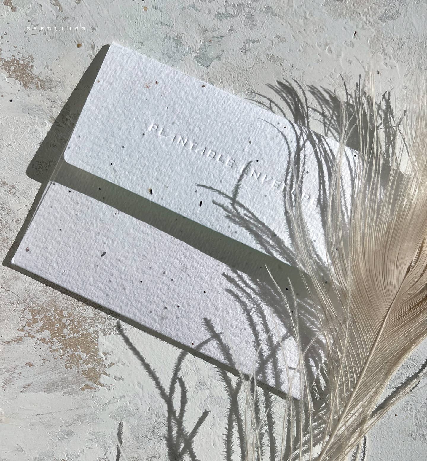 Eco-friendly plantable seed paper envelope with 'Plantable' text on a textured surface with a feather.